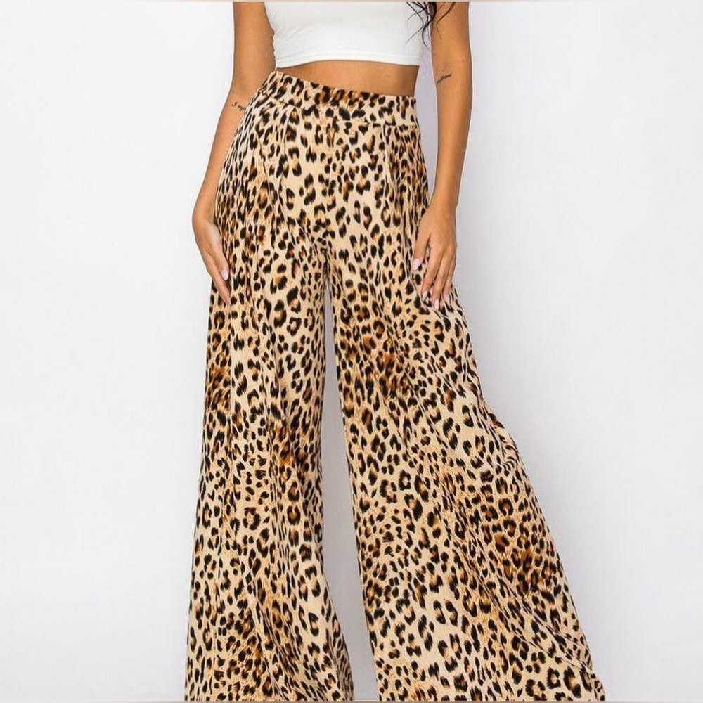 KFAB Designs Tan, Black & Brown Leopard Print Palazzo Pants NWOT Size 1X